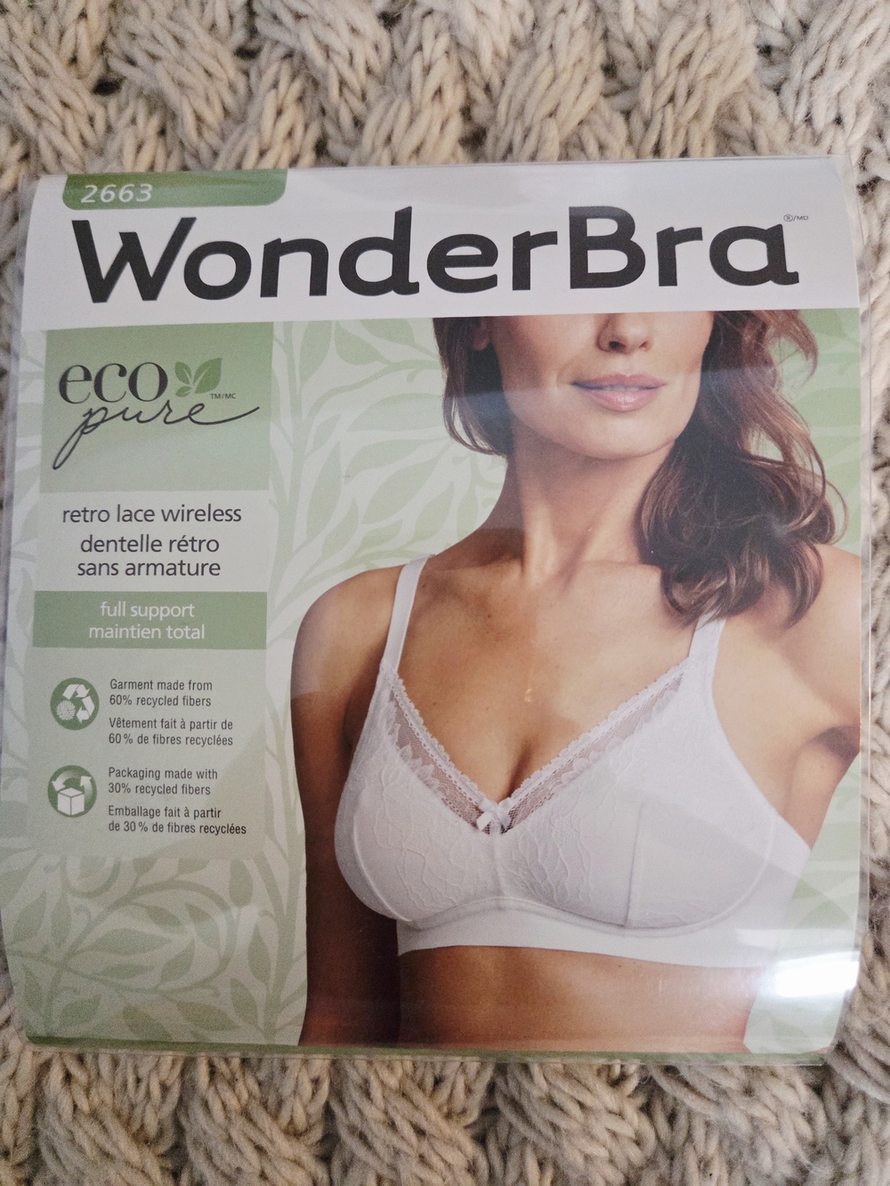 WonderBra Eco Pure Retro Lace Wireless Bra - White 40D